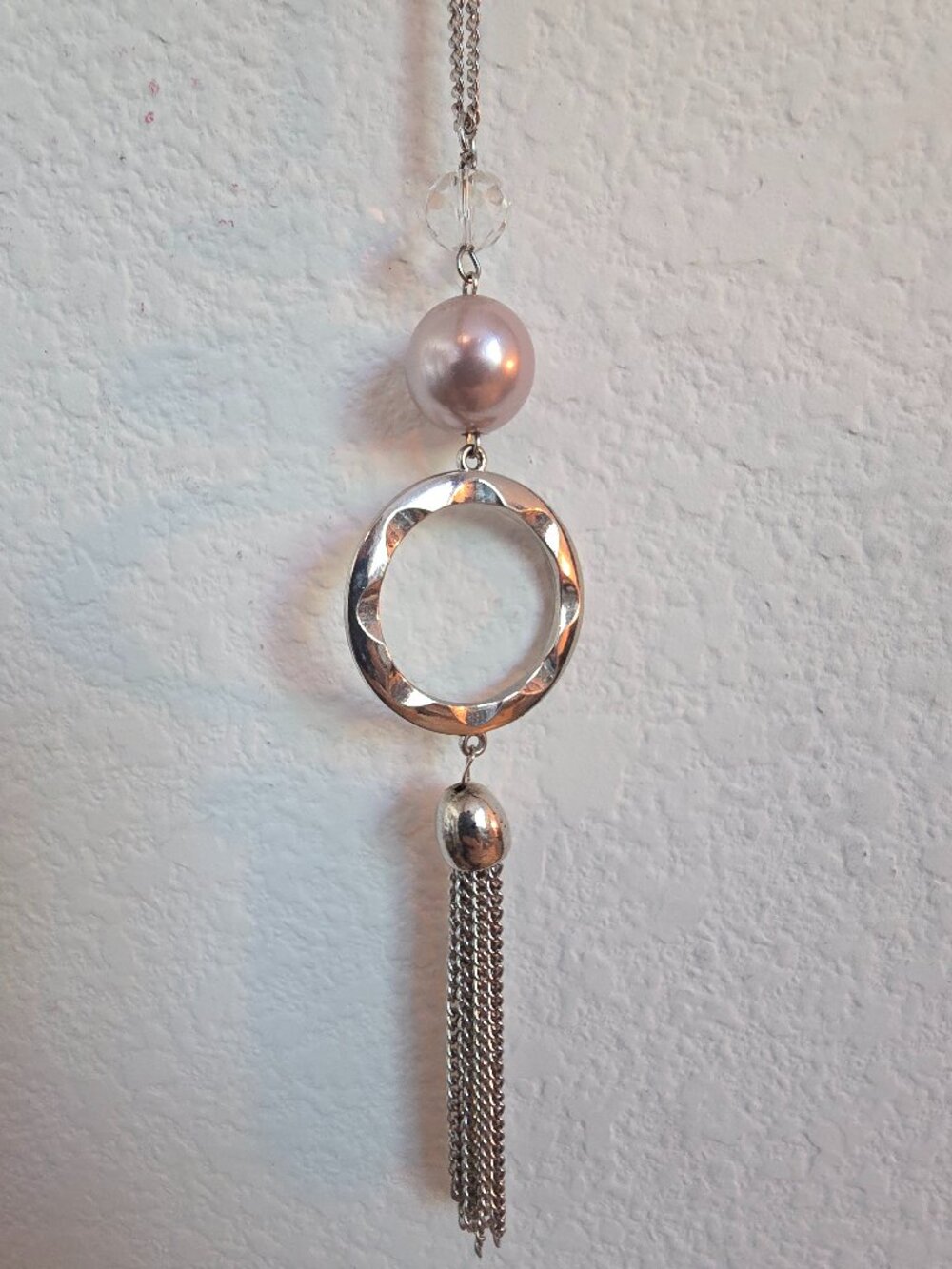 Silver, crystal, pink pearl necklace on adjustable chain + earrings